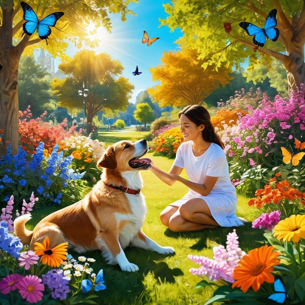 A vibrant scene of a person joyfully playing with a dog in a sunlit park, surrounded by colorful flowers and cheerful butterflies. Include a warm, loving atmosphere with a cozy pet bed nearby and a bright blue sky. The person should radiate happiness, showcasing the bond between humans and pets. super-realistic. vibrant colors. bright background.