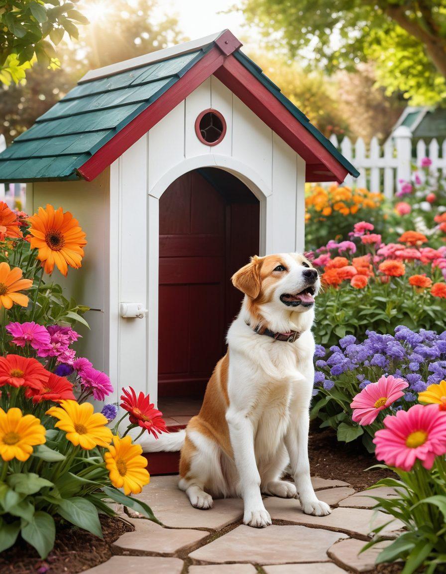 A heartwarming scene of a rescued dog and cat playing joyfully in a sunlit garden, surrounded by colorful flowers and a cozy dog house. In the background, a gentle hand reaches out to pet them, illustrating connection and care. Soft, warm lighting enhances the atmosphere of happiness and safety. super-realistic. vibrant colors. white background.