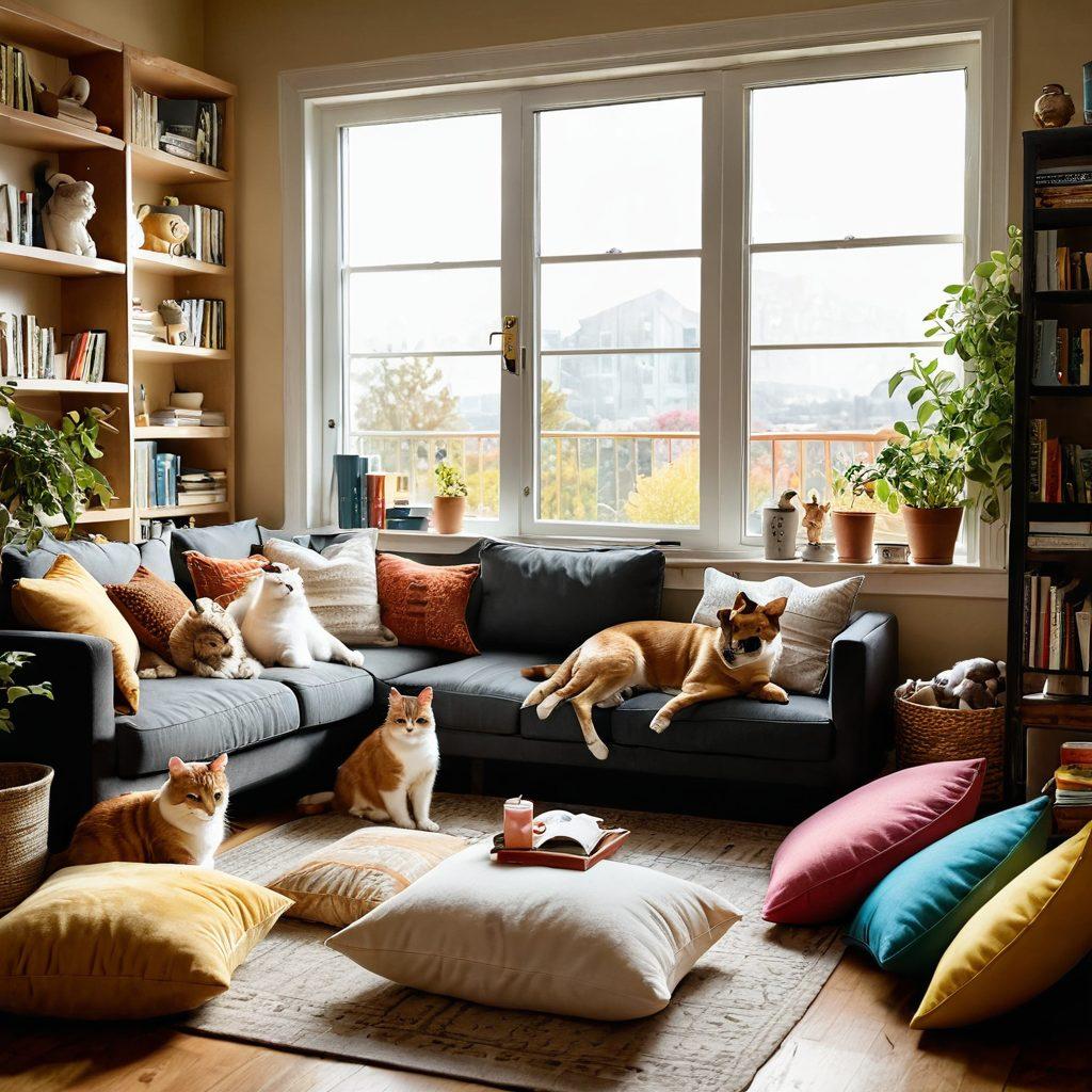 A warm, cozy living room filled with happy cats and dogs lounging on soft cushions, surrounded by pet care essentials like bowls, toys, and a bookshelf with animal care books. A gentle light filters through the window casting a golden glow on the pets, symbolizing love and companionship. Show diverse breed representation, highlighting the bond between humans and animals in a nurturing environment. bright colors. painting. heartwarming.